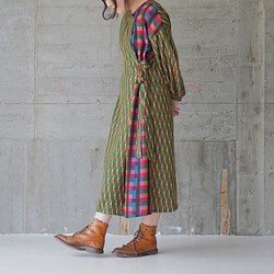 [新冬季]條紋＆格紋對接連衣裙（20w-013）綠色 第1張的照片