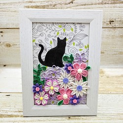 シルエット猫ちゃんのお花畑フレーム 1枚目の画像