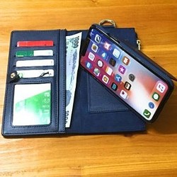 財布型一体型レザーiPhoneケース X Xs XR 7 7plus 8 8plus 6 6s 手帳型 ネイビー 1枚目の画像