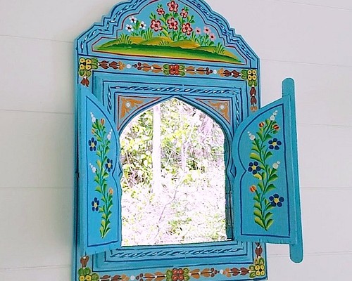 モロッコ 扉つき鏡 壁掛け鏡 据え置き ミラー ライトブルー