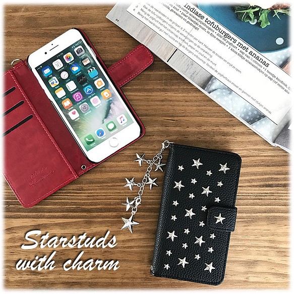 Star studs 黑色帶姓名首字母魅力筆記本型智能手機套 第1張的照片
