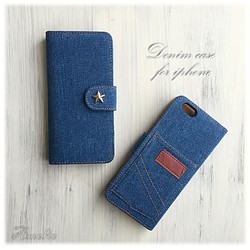 ★【iPhone】デニムwith star　ポケット付き手帳型ケース　iphone 1枚目の画像