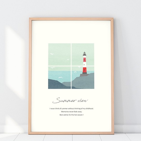 小さな窓からのぞく海辺のポスター／海・夏・灯台・夕日・インテリアポスター 1枚目の画像