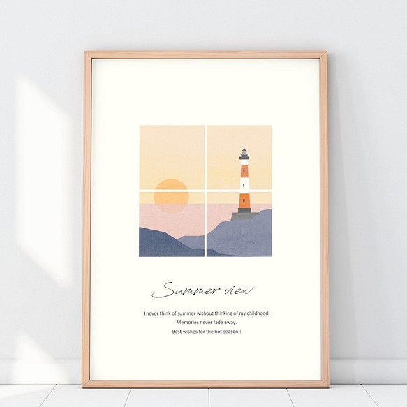 小さな窓からのぞく海辺のポスター／夏・灯台・夕日・海・インテリアポスター 1枚目の画像