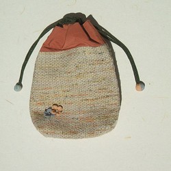 手織り小花の付いた裂き織り巾着 1枚目の画像