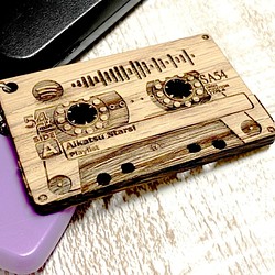 Spotify Code カセットテープ型キーリング・キーホルダー・キーチェーン ナラ製 オーク材 レトロ 1枚目の画像