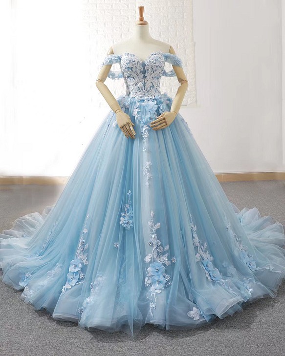 カラードレス お色直し 花嫁 素敵なブルーカラー サイズオーダー パニエ小物付属 結婚式 挙式 パーティーウェディング