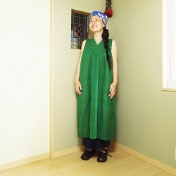 bighug 麻混手織りさちばるドレス●グリーン 1枚目の画像