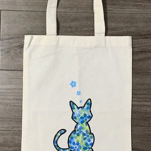 オリジナルハンドペイント>>エコバッグトート型/ブルー系×ねこ