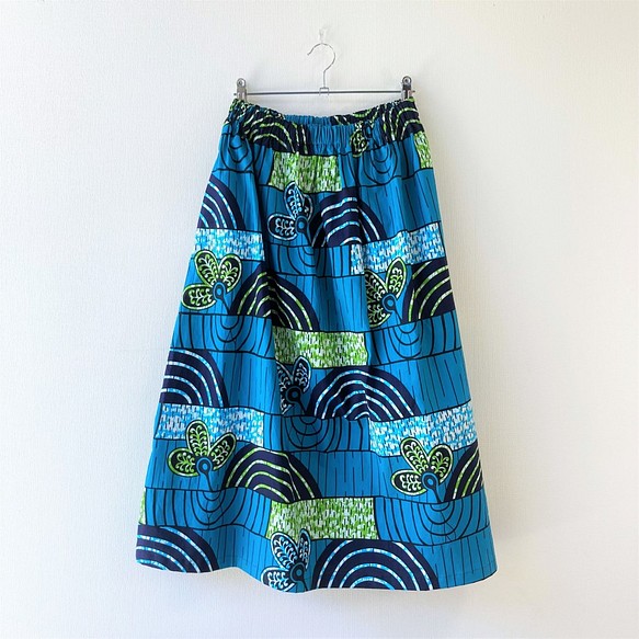 ギャザースカート／アフリカンプリント／水紋と葉っぱ 1枚目の画像