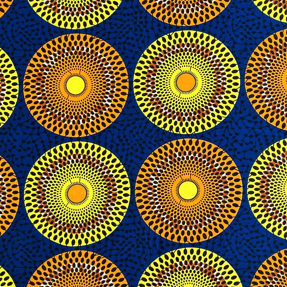 アフリカンプリント生地／アフリカ布／カットクロス／50cm単位／水紋（黄×橙×紺） 1枚目の画像