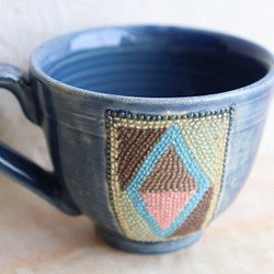 陶,色植縄紋,マグカップ,青,ひし形紋,一点物 1枚目の画像