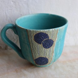 陶,色植縄紋,マグカップ,トルコ青,泡紋,一点物 1枚目の画像