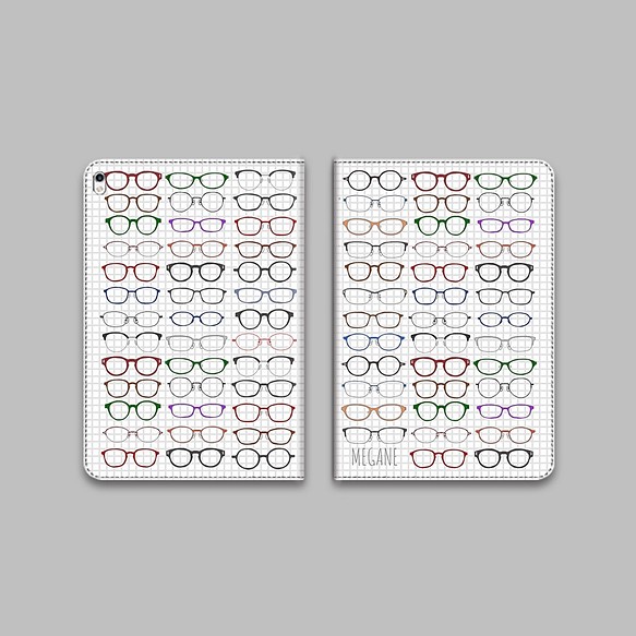 メガネ好きにはたまらない【MEGAメガネ】グレー  手帳型タブレットケース　ipad andoroid　対応機種あり 1枚目の画像
