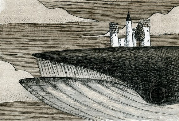 0165「クジラの街」ペン・水彩画　原画 1枚目の画像
