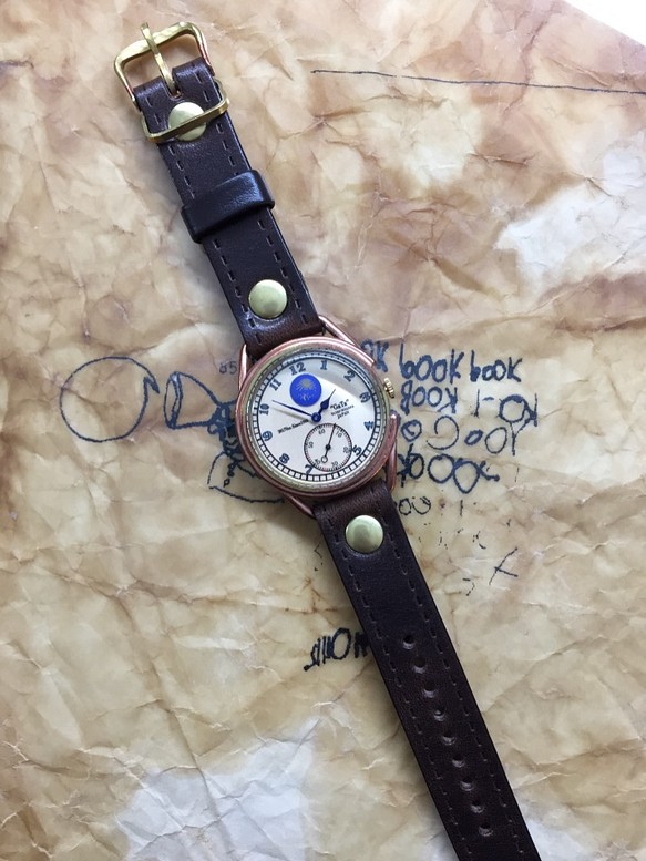手工製作的手錶羅伯特PILOT暗棕色皮帶×固體完成太陽和月亮（訂購） 第1張的照片