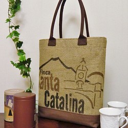 コーヒー 麻袋バッグ　Ｌ　トートバッグ　茶色帆布　ガテマラ　豆袋をリメイクした麻バッグ 1枚目の画像