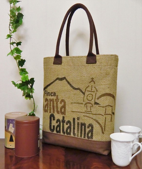 コーヒー 麻袋バッグ　Ｌ　トートバッグ　茶色帆布　ガテマラ　豆袋をリメイクした麻バッグ 1枚目の画像