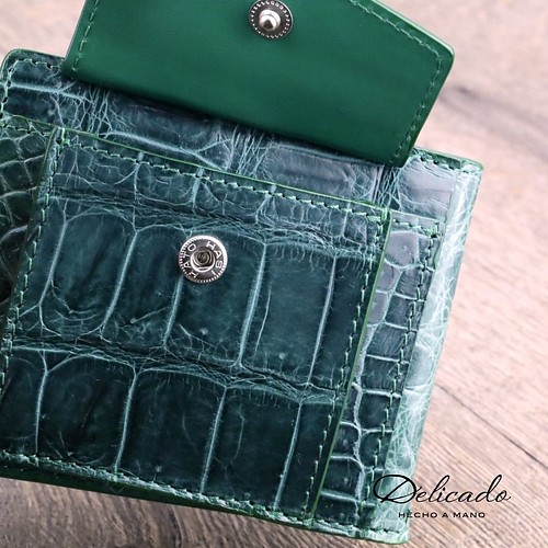 リアル クロコダイル 目地染め コンパクト 二つ折り財布 グリーン 緑 