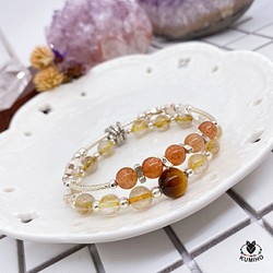 五行手鍊-小花-黃虎眼石，鈦晶，金草莓晶，925純銀飾 第1張的照片