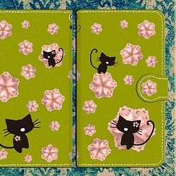 【中面白無地】手帳型スマホケースL　桜猫◆よもぎ色 1枚目の画像