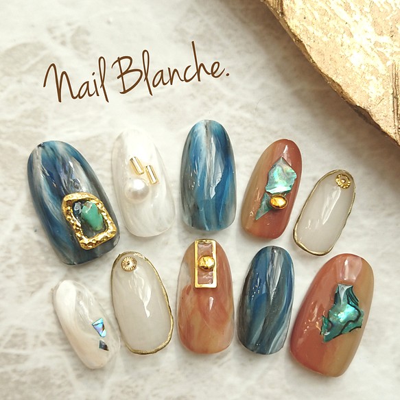 ブルーグレーシェルネイル ネイルチップ ネイルシール 最短翌日発送 Nail Blanche 通販 Creema クリーマ ハンドメイド 手作り クラフト作品の販売サイト