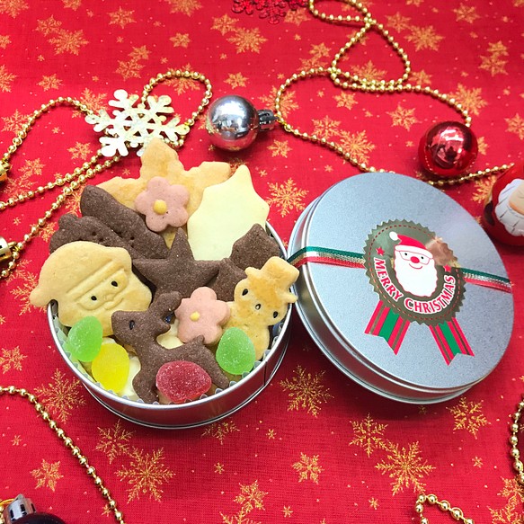 【12月20日までに到着予定】クリスマスクッキー 缶 Sサイズ 丸缶 プチギフトにクリスマス限定 1枚目の画像