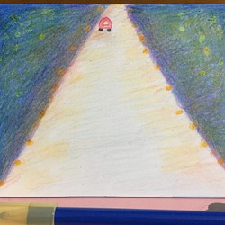『高速道路から見るオレンジがかった夜景』がテーマの手書きイラスト(癒されてほしいと心を込めて描きました) 1枚目の画像