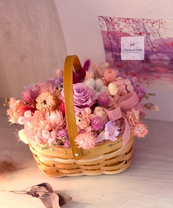莓果．情人甜粉色系．鄉村風提籃桌花．生日乾燥花禮物 第1張的照片