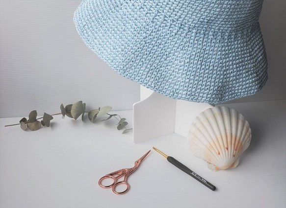 夏日遮陽帽草帽淡藍色漁夫帽針鉤針編織DIY kit含鉤針材料包與教學影片 第1張的照片