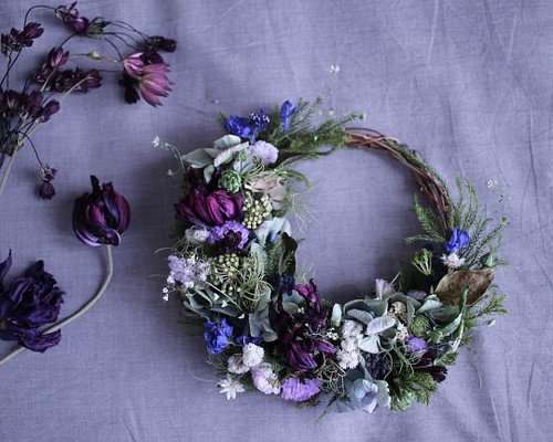 紫チューリップと紫陽花の三日月リース✳︎ドライフラワー◎母の日