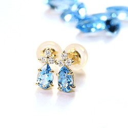 K18 Santa Maria 海藍寶石和鑽石柱式耳環 ~Ello Lilas~ 三月生日石 第1張的照片