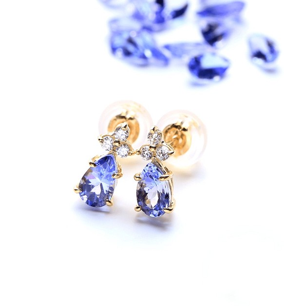 坦桑石和鑽石 K18 柱式耳環 ~Ello Lilas~ 十二月生日石 第1張的照片