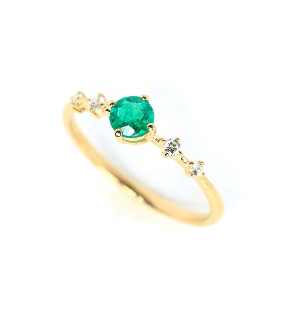 祖母綠 &amp; 鑽石 K18 戒指圓形切割 ~Ello Lily~ 五月生日石 第1張的照片