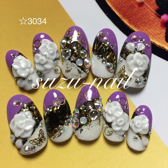 再販３ 和柄ネイル 紫 白 黒 ミディアムから追加料金かかります ネイルチップ ネイルシール Suzu Nail 通販 Creema クリーマ ハンドメイド 手作り クラフト作品の販売サイト