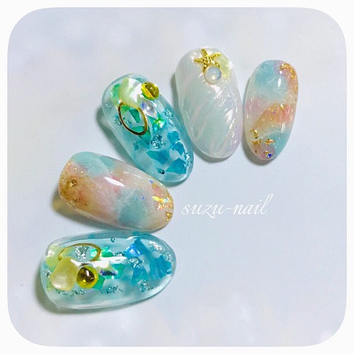 再販4 巻貝ネイル ブルーネイル 夏 Nails うねうねネイル ユニコーンネイル ニュアンスネイル 天然石ネイル ネイルチップ ネイルシール Suzu Nail 通販 Creema クリーマ ハンドメイド 手作り クラフト作品の販売サイト