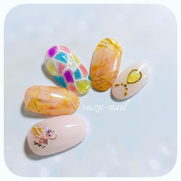 再販3 ステンドグラスネイル オレンジネイル 夏 Nails カラフルネイル ニュアンスネイル 天然石ネイル ネイルチップ ネイルシール Suzu Nail 通販 Creema クリーマ ハンドメイド 手作り クラフト作品の販売サイト