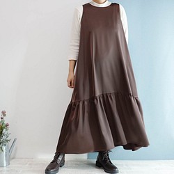 ❤SALE❤ 棕色無袖分層連衣裙高品質緞面長款 - 從居家休閒到裝扮 第1張的照片