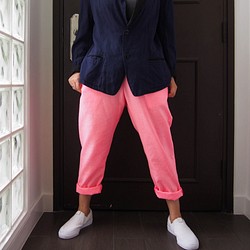 ☆沖繩男孩的褲子-霓虹粉色亞麻男孩褲子，與圖案上衣極佳的兼容性。 第1張的照片