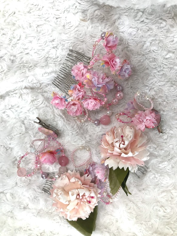 桜のアートリボンちりめんヘアアクセサリー 5点セットピンク系＃1