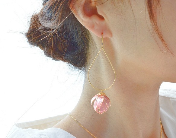 粉色櫻花花蕾耳環/耳釘 14kgf 兼容過敏 長款搖擺圈 禮物禮物兼容 第1張的照片