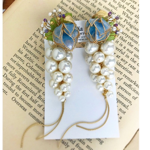 乳藍色花蕾葡萄珍珠耳環/耳環長款婚禮淺藍色 第1張的照片