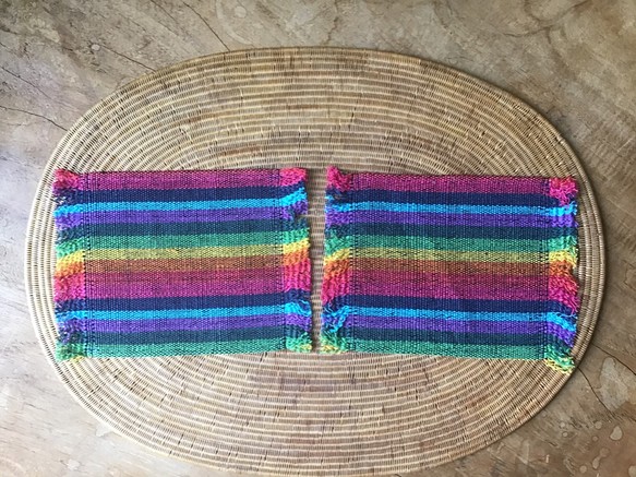 人気 おすすめ 虹色手織り布で作ったふさふさコースター 2枚組A H-co-5 最大66％オフ！