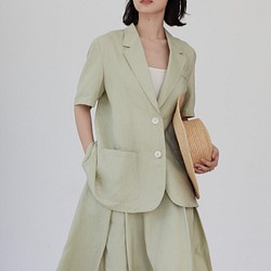 薄荷綠色 風的落點 夏季寬松水洗亞麻短袖西裝 極簡素色防曬外套 第1張的照片