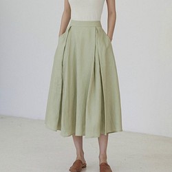 蘋果綠色 風的裙擺 優質亞麻 夏日背帶打褶半身裙 A字傘形短裙 第1張的照片