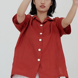 紅色 100%水洗亞麻襯衫 夏威夷寬松上衣 中性風夏日翻領短袖襯衣 第1張的照片