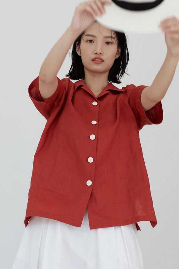 紅色 100%水洗亞麻襯衫 夏威夷寬松上衣 中性風夏日翻領短袖襯衣 第1張的照片