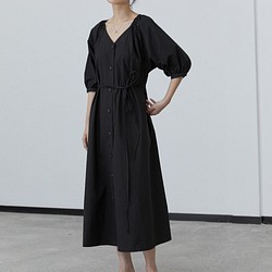 黑色 風的連接 進口棉兩穿襯衫式洋裝 複古燈籠袖寬鬆繫帶連衣裙 第1張的照片