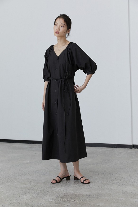 黑色 風的連接 進口棉兩穿襯衫式洋裝 複古燈籠袖寬鬆繫帶連衣裙 第1張的照片
