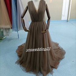ブラウンカラードレス Vネックドレス ソフトチュール 憧れのドレス 2次 